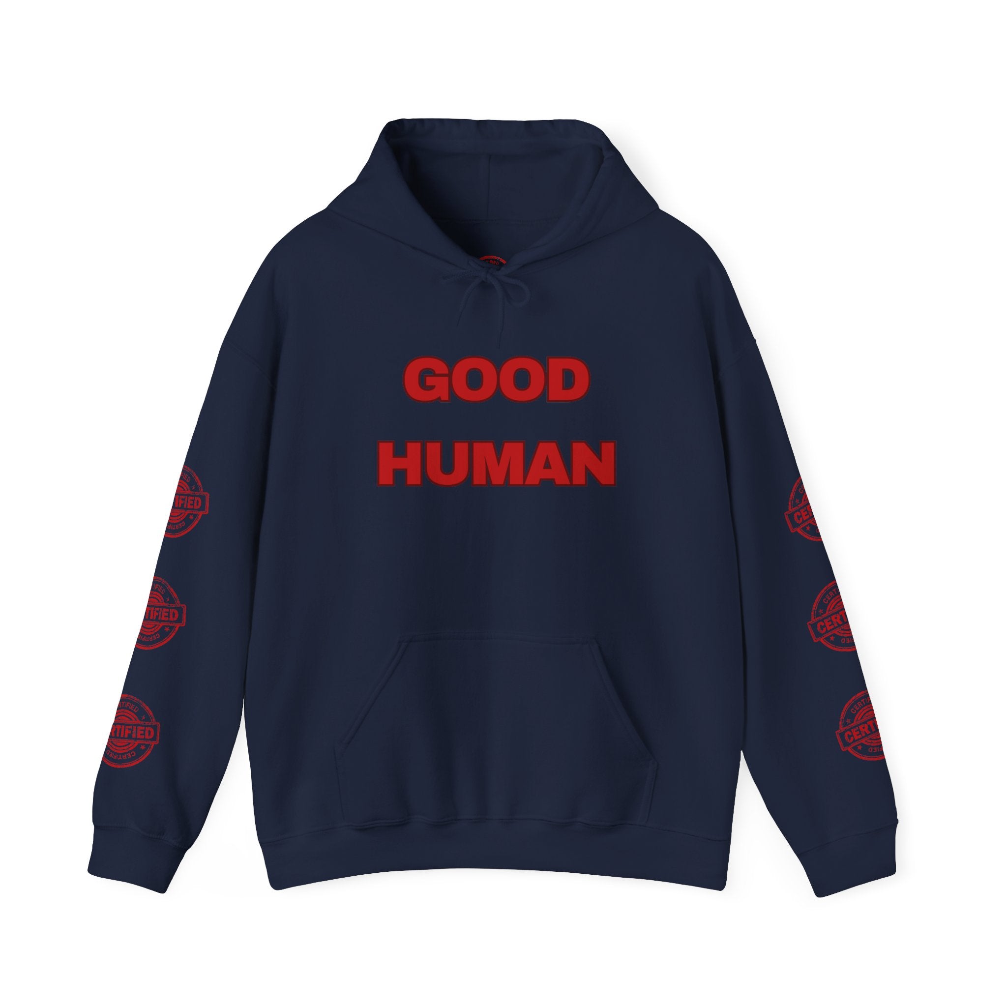 Good Human Hoodie — 'Good Human' Graphic Pullover with Certified Stamp Sleeve Design