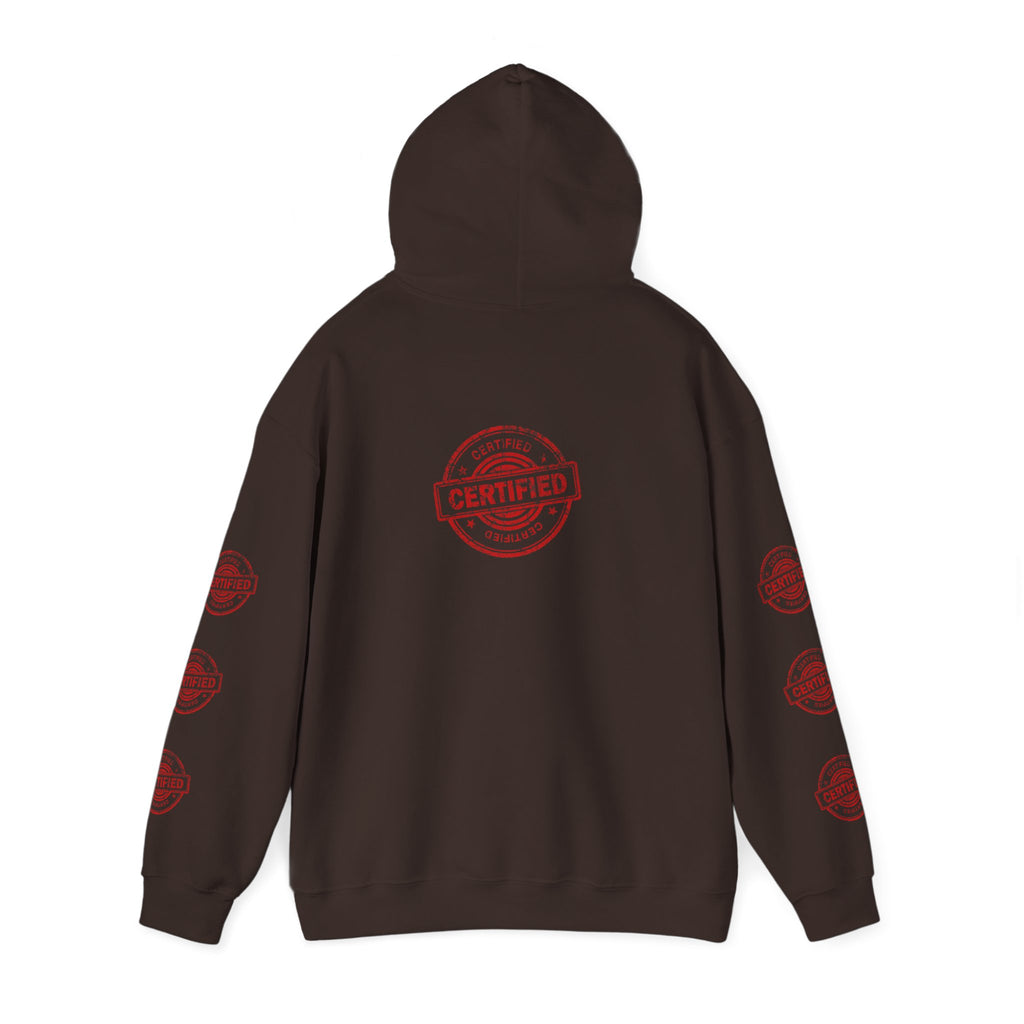 Good Human Hoodie — 'Good Human' Graphic Pullover with Certified Stamp Sleeve Design