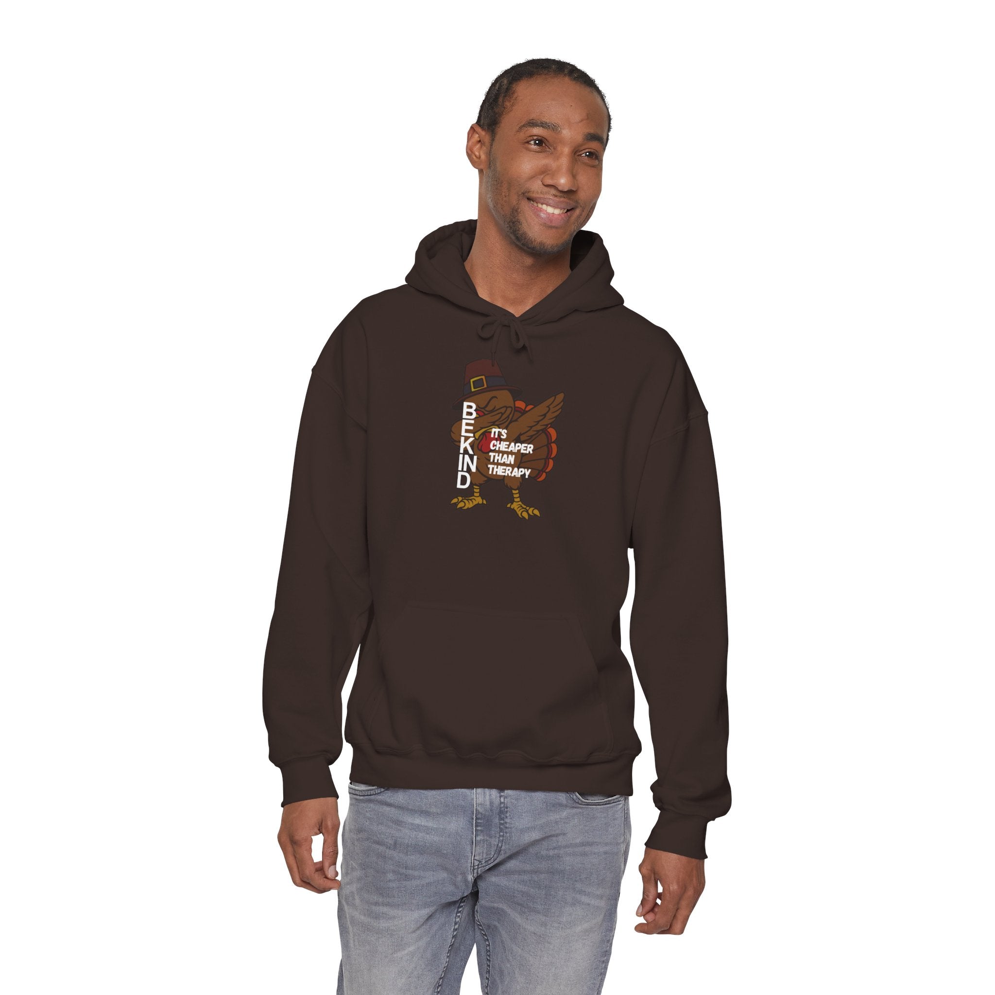Turkey Pilgrim Hoodie - "Be Kind, It's Cheap Therapy" Thanksgiving Sweatshirt
