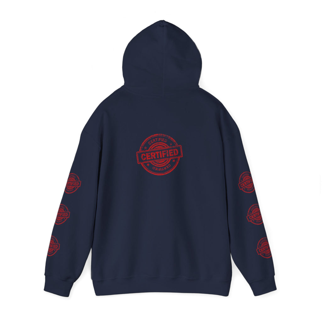 Good Human Hoodie — 'Good Human' Graphic Pullover with Certified Stamp Sleeve Design