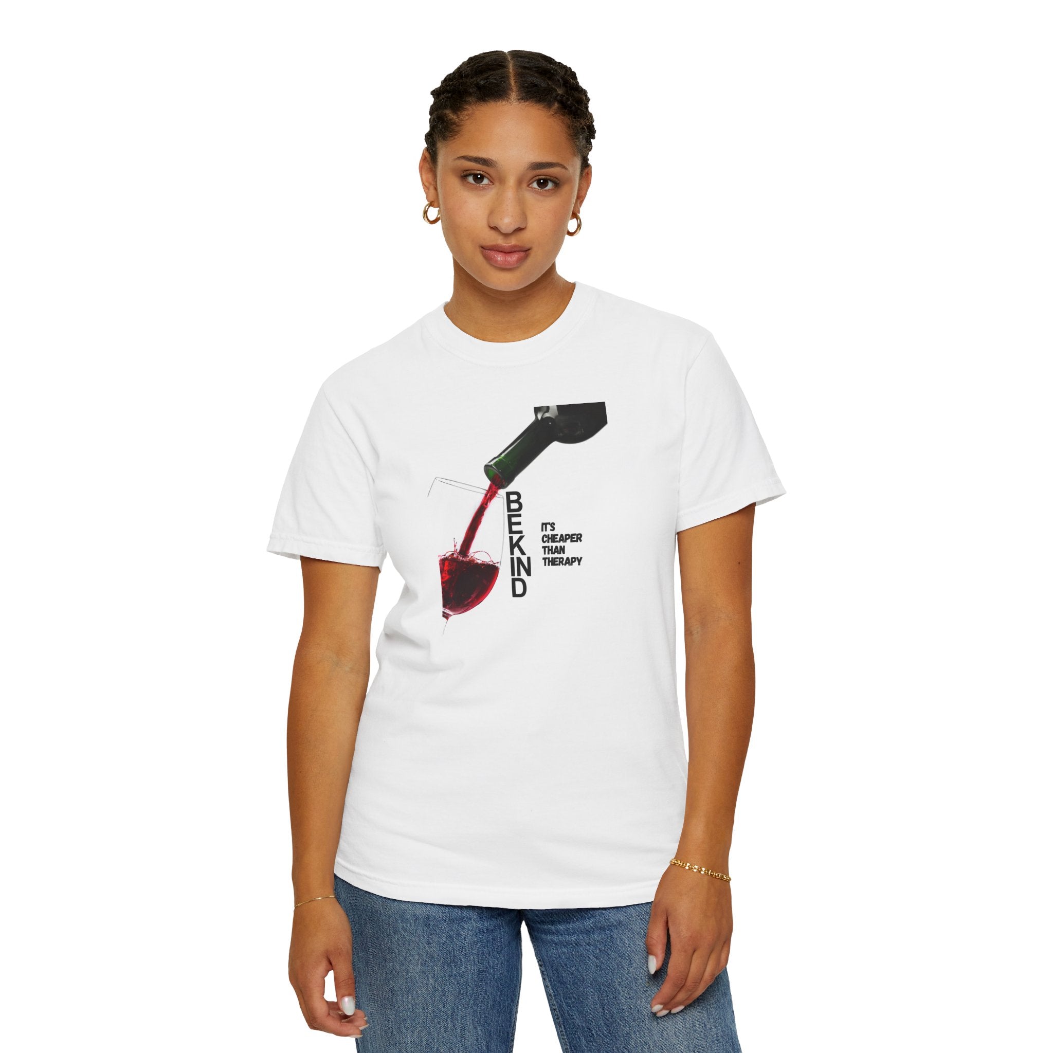 Wine Pour T-Shirt — 'Behind It's Cheaper Than Therapy' Graphic Tee