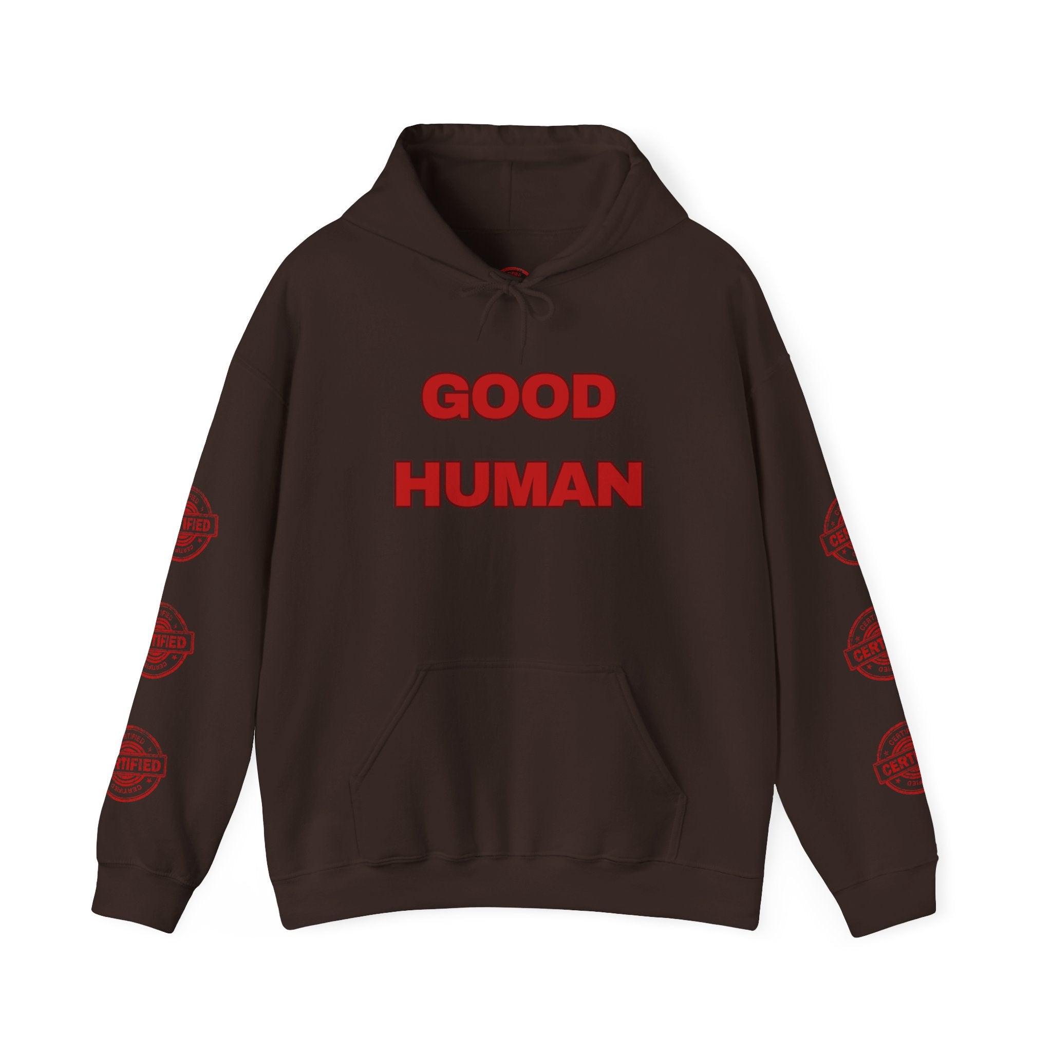 Good Human Hoodie — 'Good Human' Graphic Pullover with Certified Stamp Sleeve Design