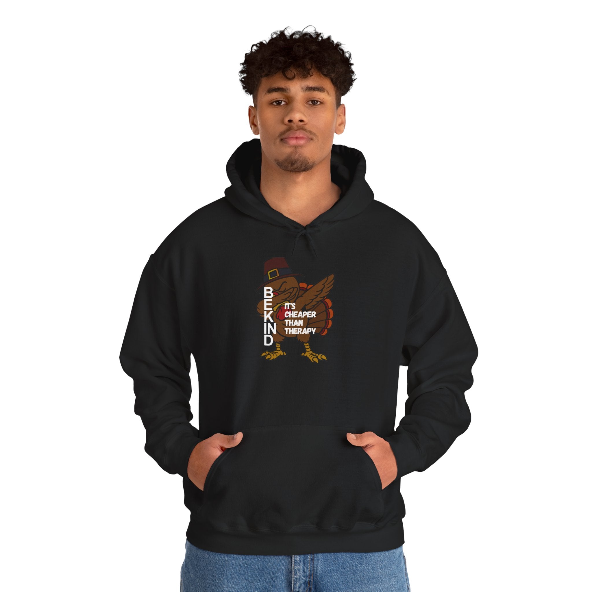 Turkey Pilgrim Hoodie - "Be Kind, It's Cheap Therapy" Thanksgiving Sweatshirt