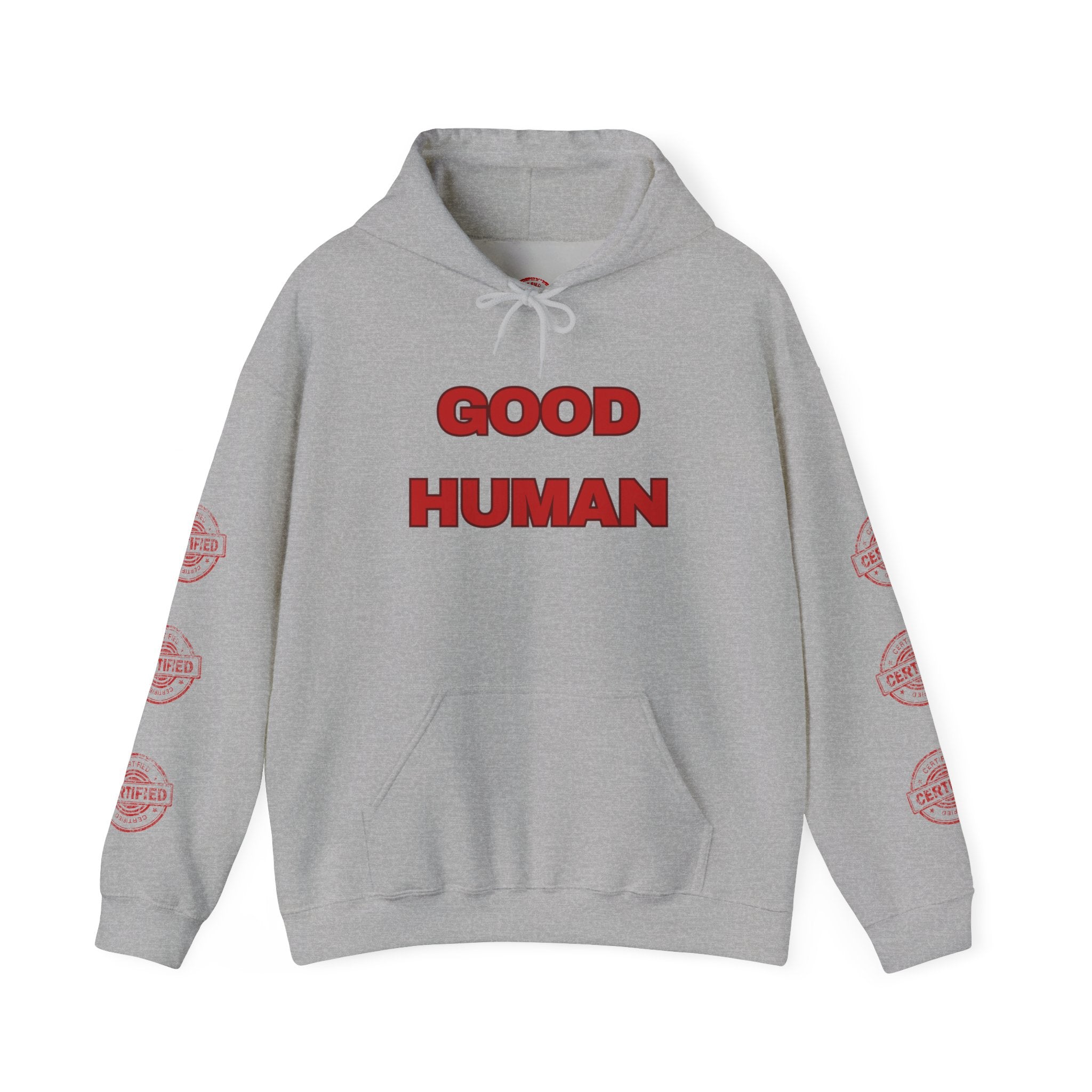 Good Human Hoodie — 'Good Human' Graphic Pullover with Certified Stamp Sleeve Design