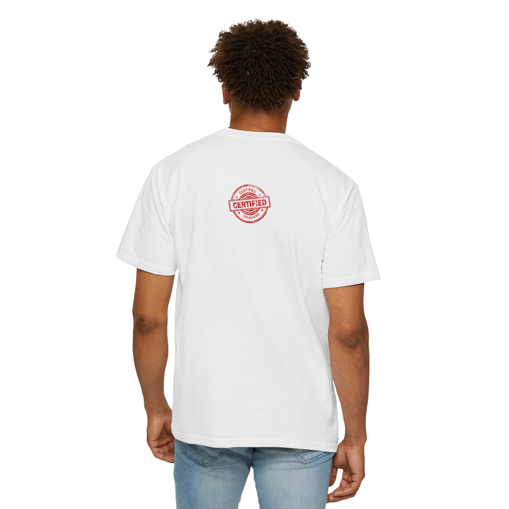 Good Human T-Shirt — Bold Red Graphic Tee (Front 'GOOD HUMAN', Back 'Certified' Stamp)