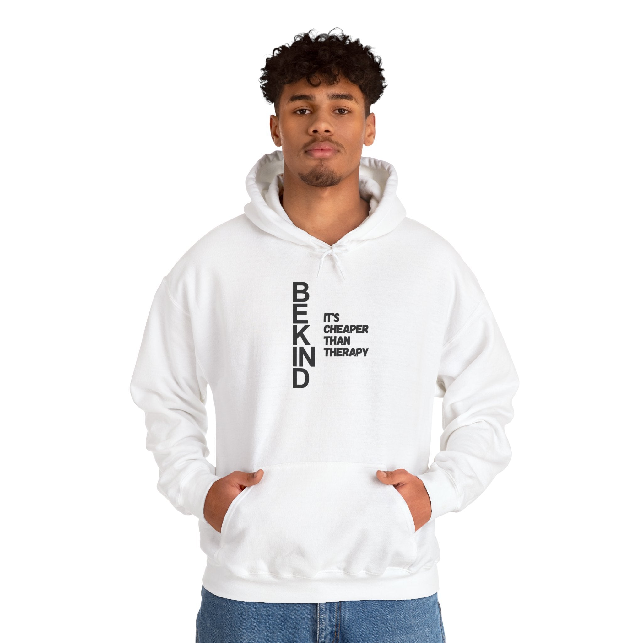 Hoodie — BE KIND "It's Cheaper Than Therapy" Vertical Text Comfort Hoodie