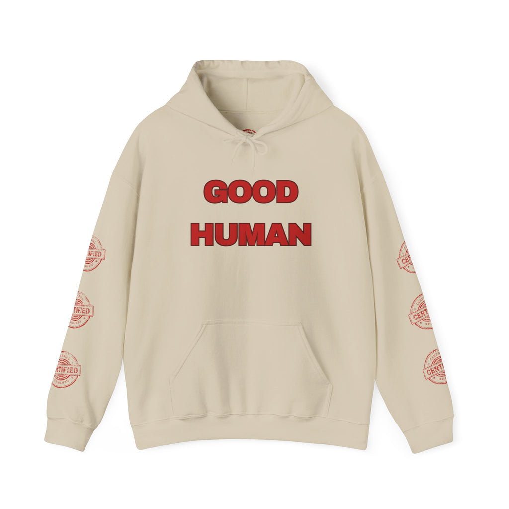 Good Human Hoodie — 'Good Human' Graphic Pullover with Certified Stamp Sleeve Design