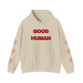 Good Human Hoodie — 'Good Human' Graphic Pullover with Certified Stamp Sleeve Design