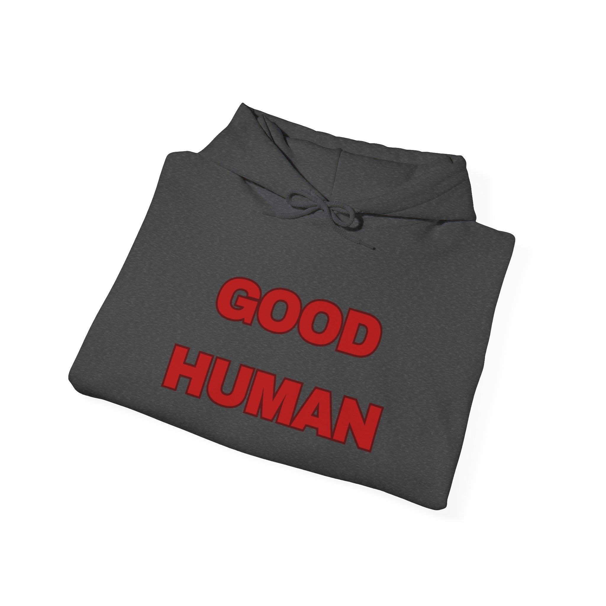 Good Human Hoodie — 'Good Human' Graphic Pullover with Certified Stamp Sleeve Design