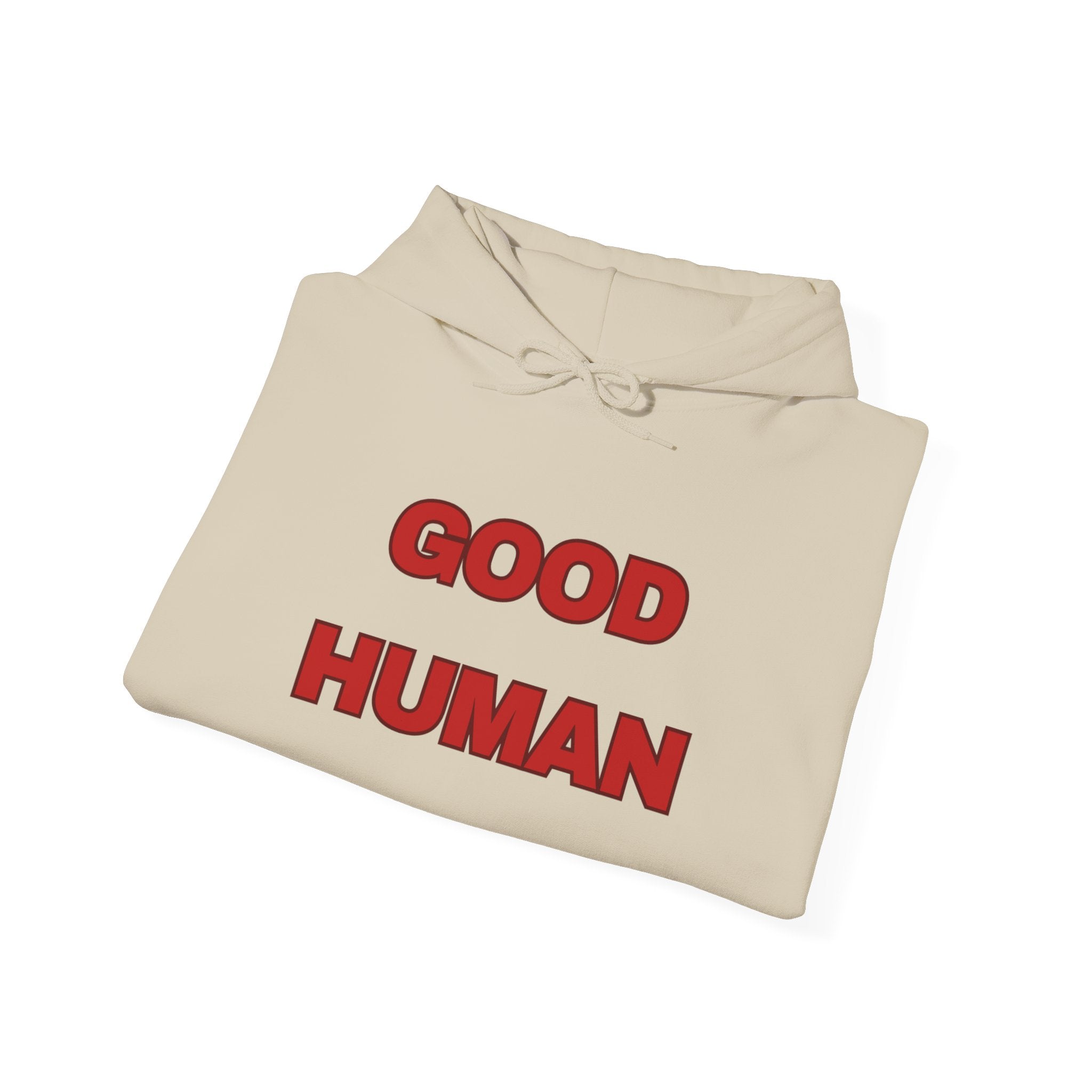 Good Human Hoodie — 'Good Human' Graphic Pullover with Certified Stamp Sleeve Design