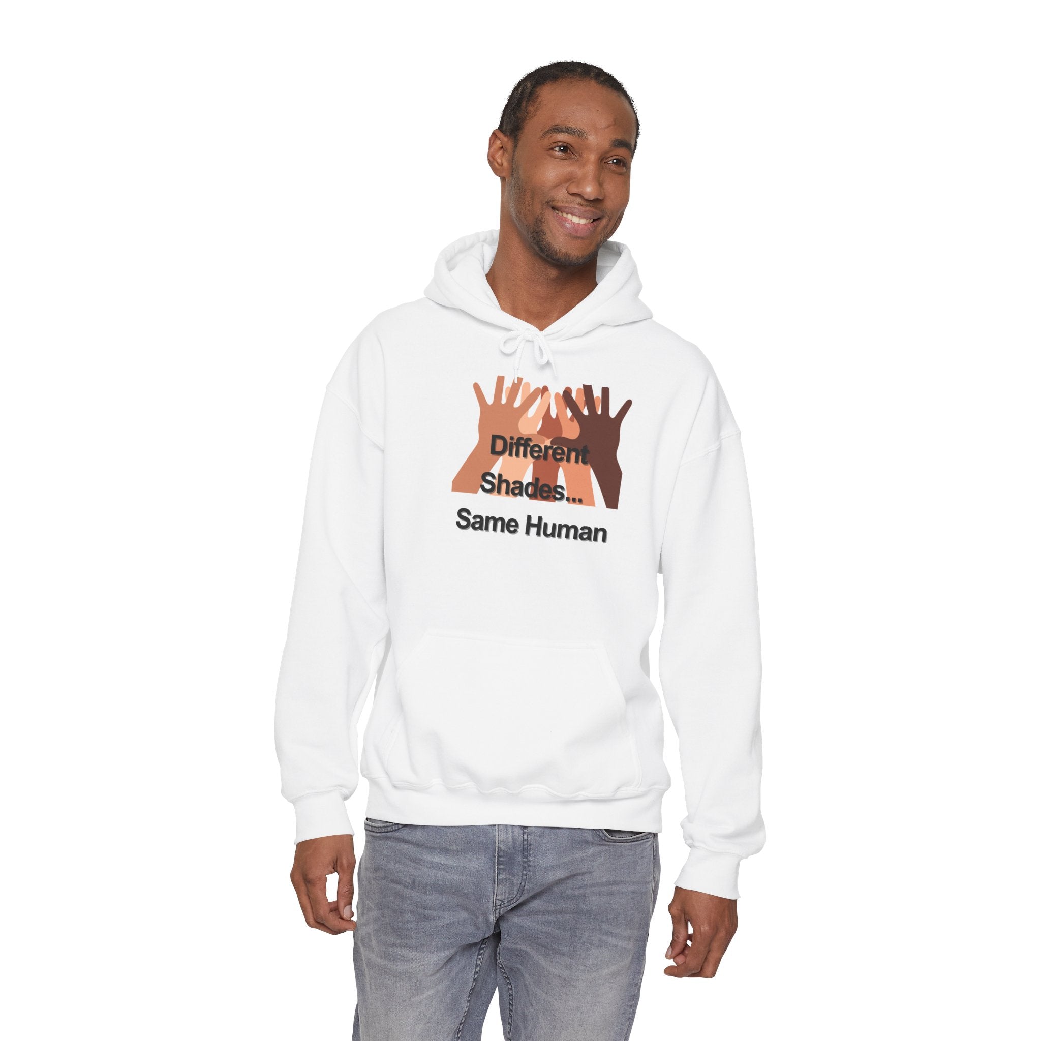 Different Shades Same Human Hoodie — Unity & Diversity Graphic Sweatshirt