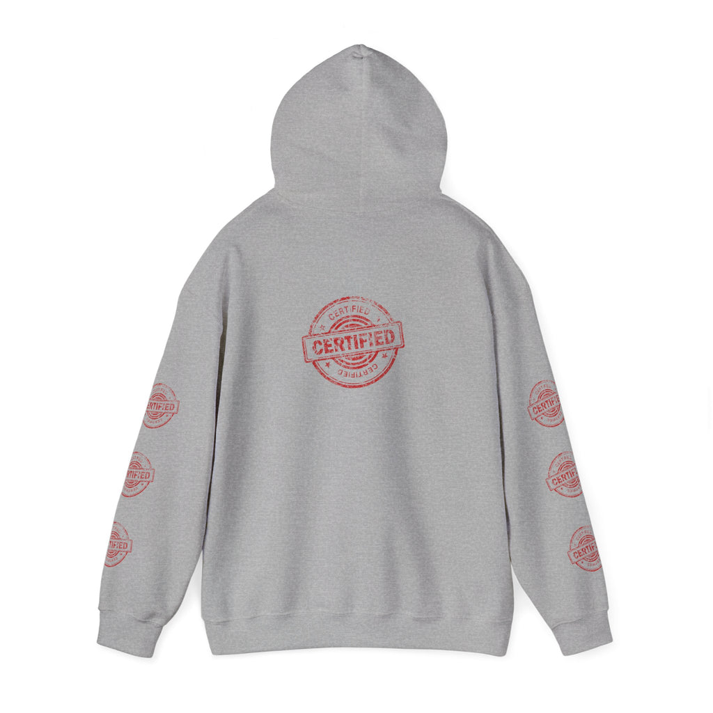 Good Human Hoodie — 'Good Human' Graphic Pullover with Certified Stamp Sleeve Design
