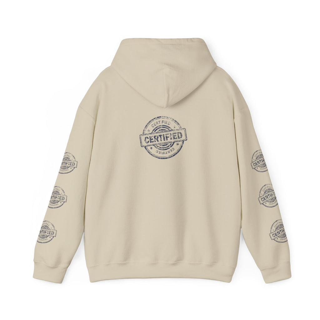 Good Human Certified Hoodie — Positive Message Pullover with Sleeve Stamps