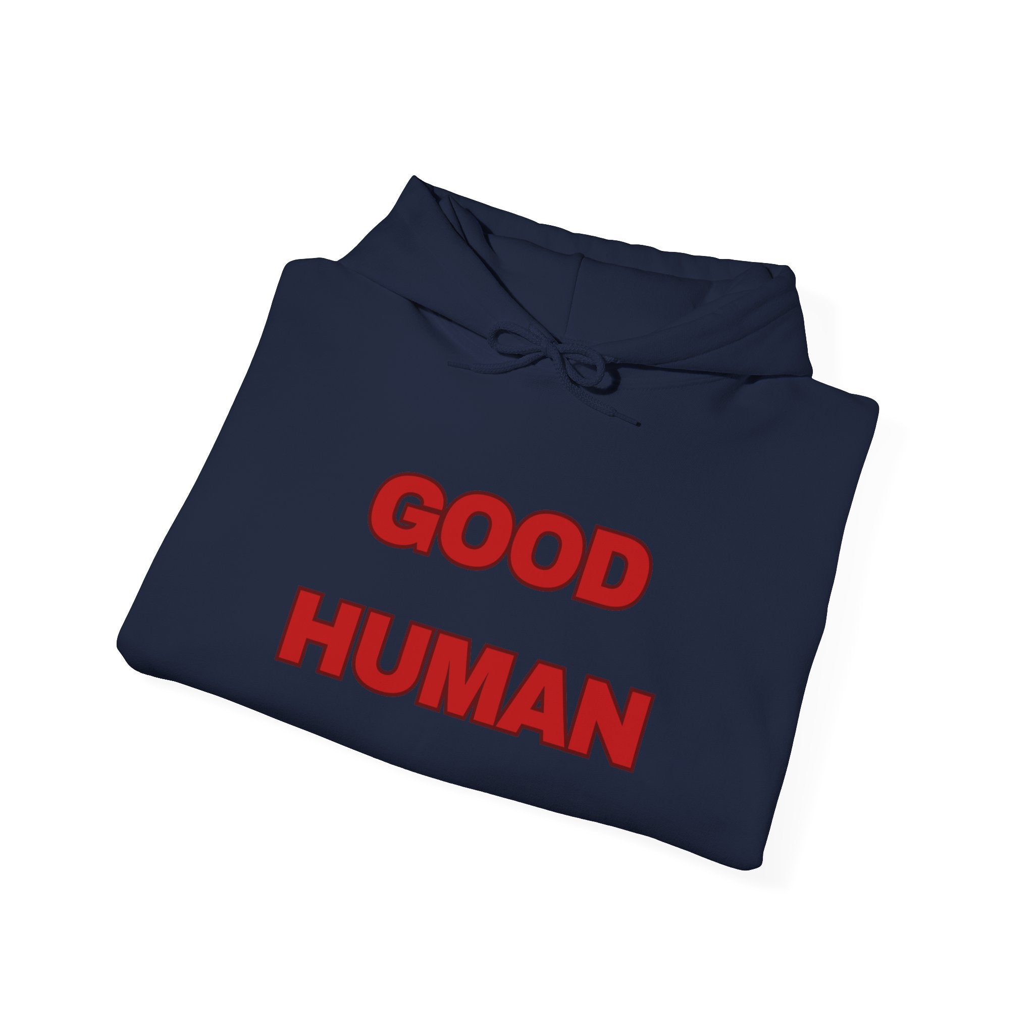 Good Human Hoodie — 'Good Human' Graphic Pullover with Certified Stamp Sleeve Design