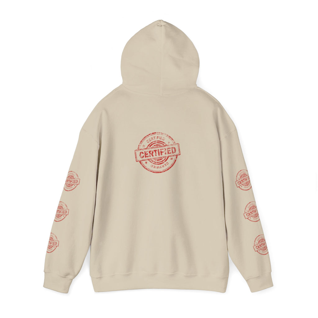 Good Human Hoodie — 'Good Human' Graphic Pullover with Certified Stamp Sleeve Design
