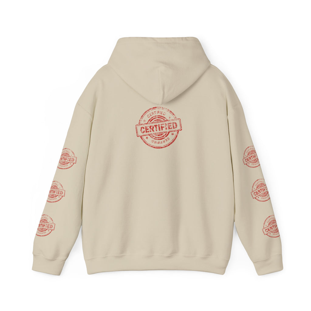 Good Human Hoodie — 'Good Human' Graphic Pullover with Certified Stamp Sleeve Design
