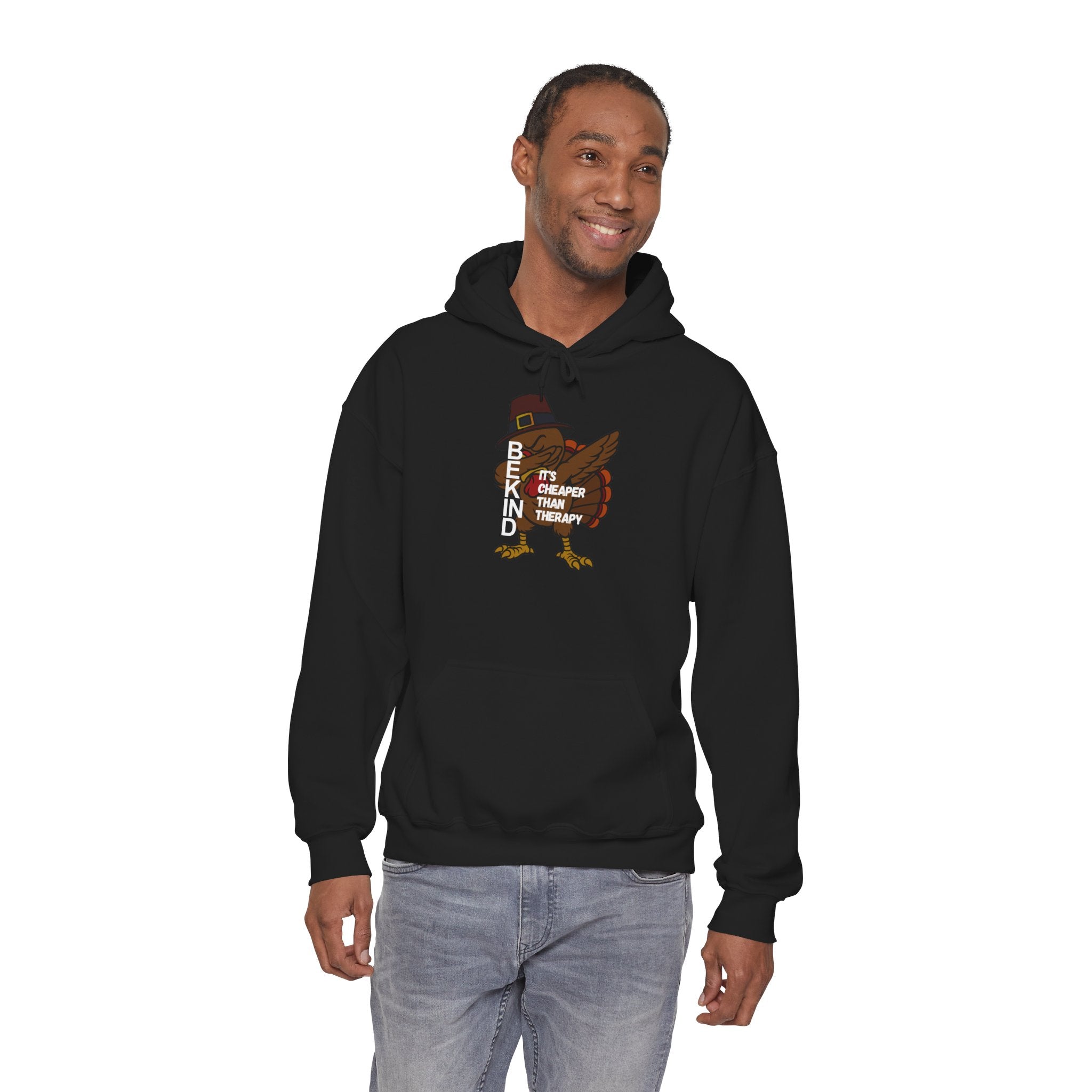Turkey Pilgrim Hoodie - "Be Kind, It's Cheap Therapy" Thanksgiving Sweatshirt