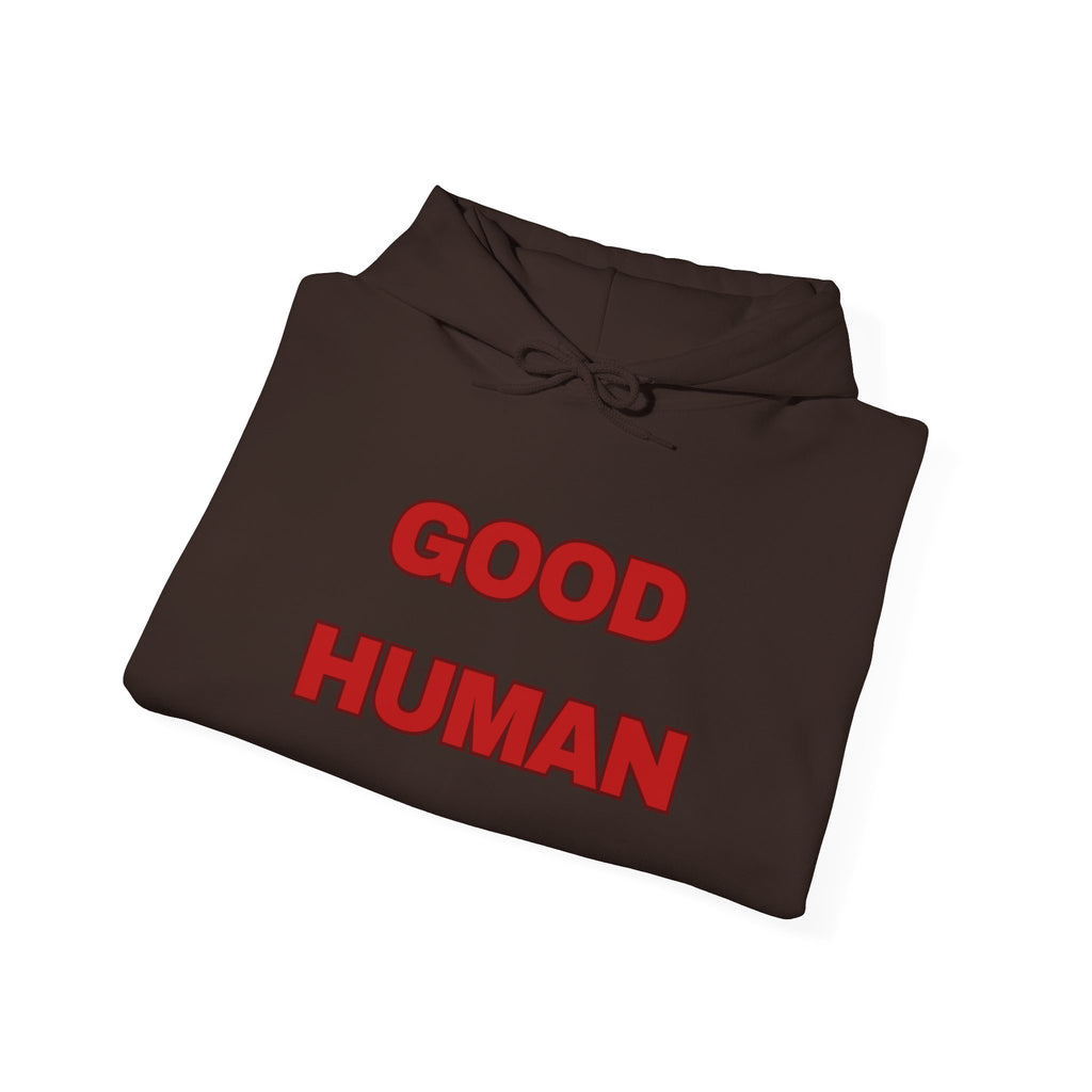 Good Human Hoodie — 'Good Human' Graphic Pullover with Certified Stamp Sleeve Design