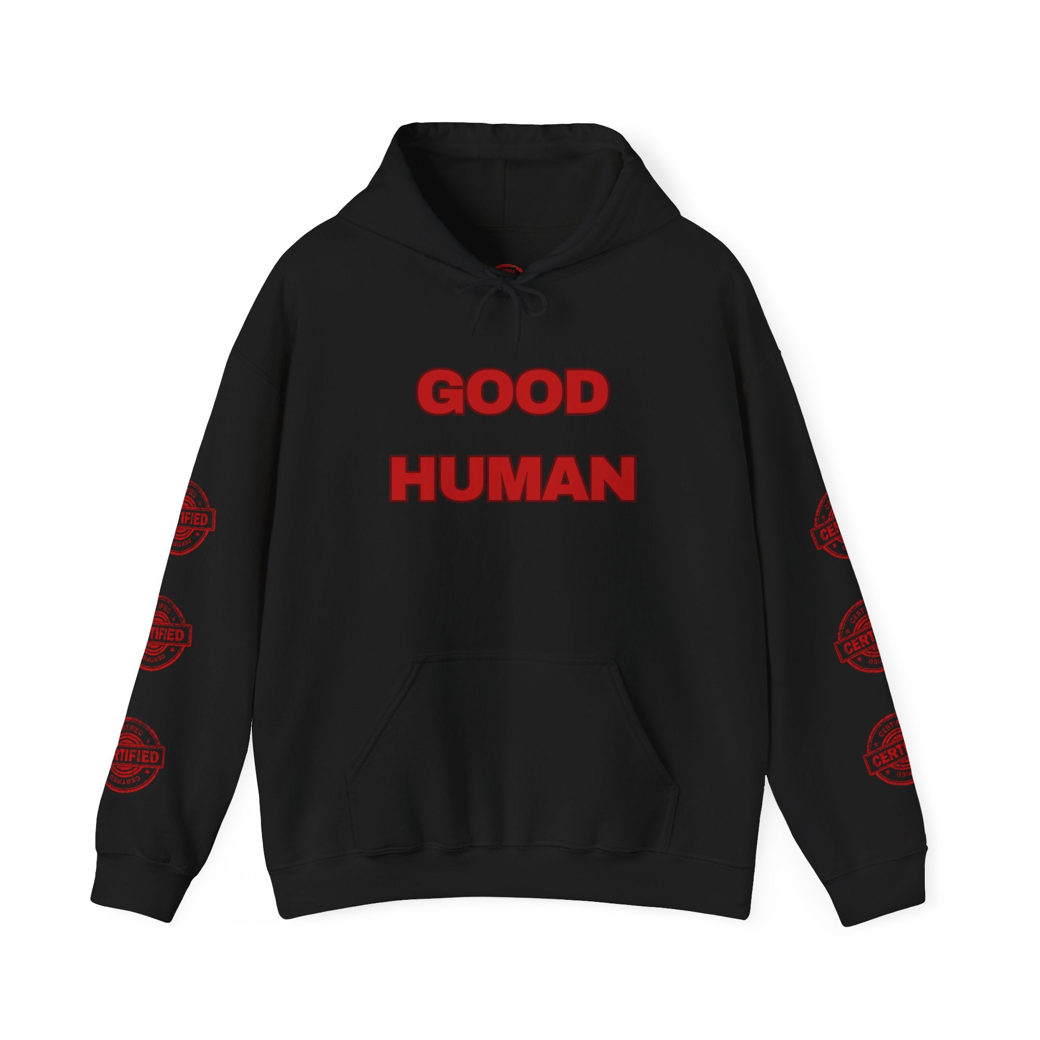 Good Human Hoodie — 'Good Human' Graphic Pullover with Certified Stamp Sleeve Design