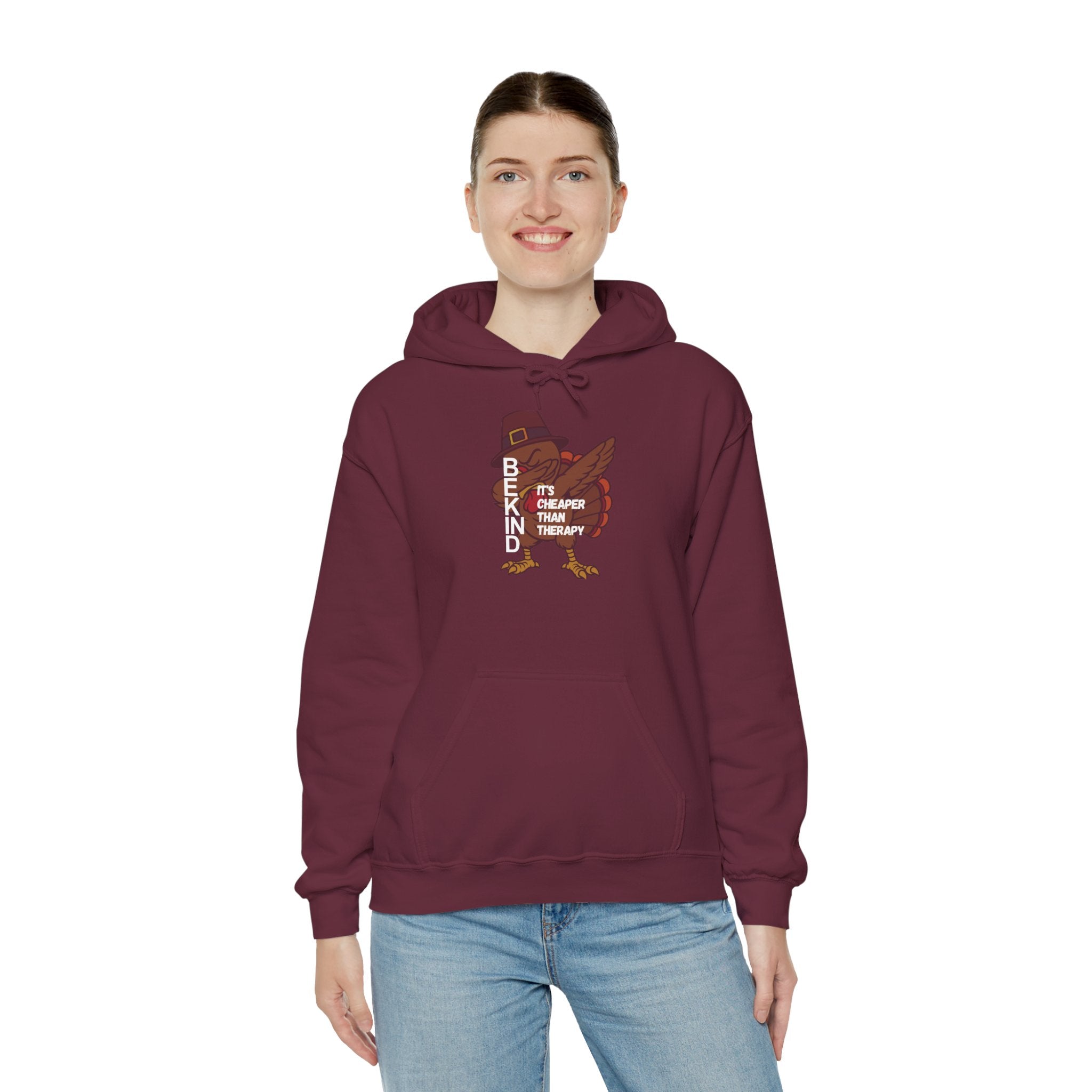 Turkey Pilgrim Hoodie - "Be Kind, It's Cheap Therapy" Thanksgiving Sweatshirt