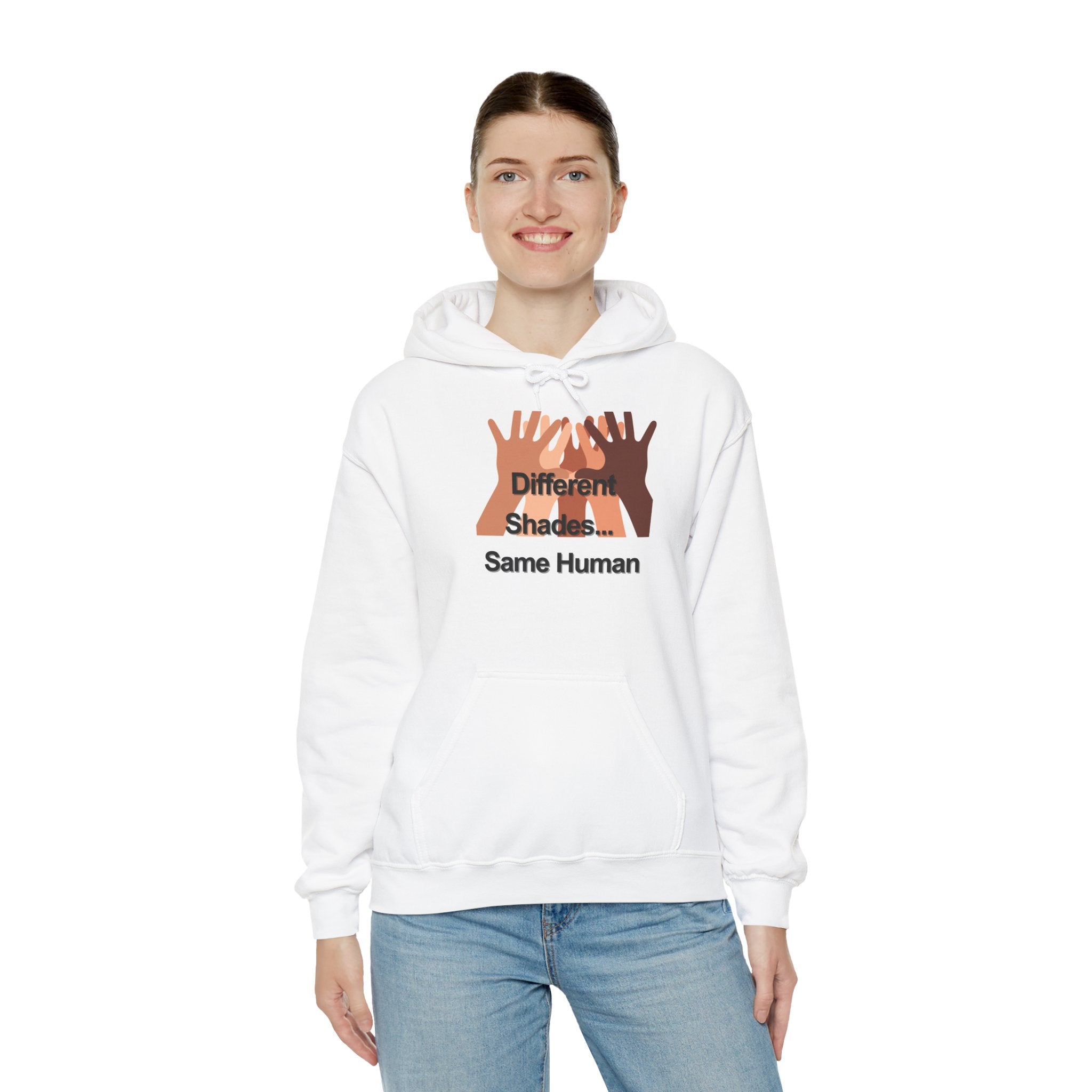 Different Shades Same Human Hoodie — Unity & Diversity Graphic Sweatshirt