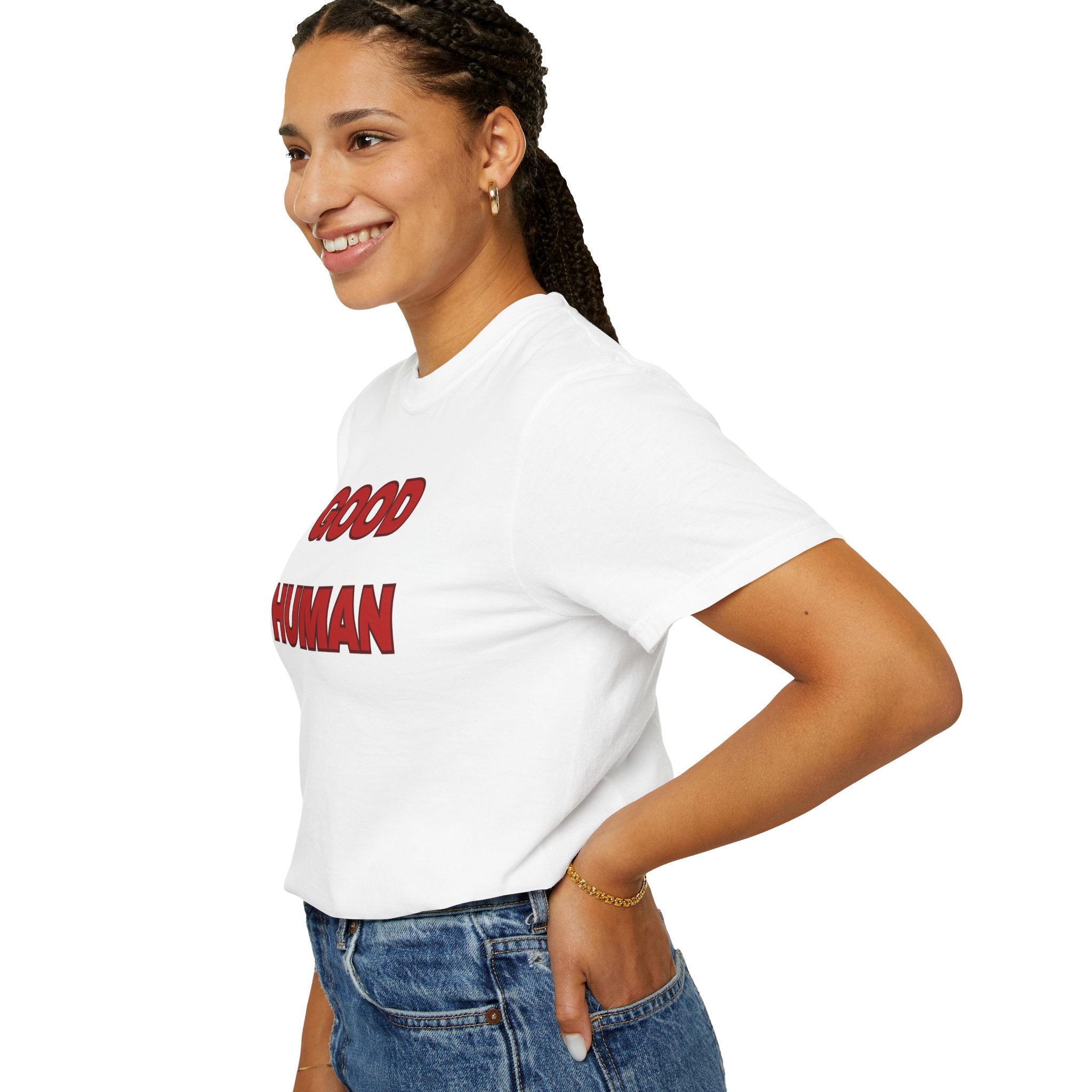 Good Human T-Shirt — Bold Red Graphic Tee (Front 'GOOD HUMAN', Back 'Certified' Stamp)