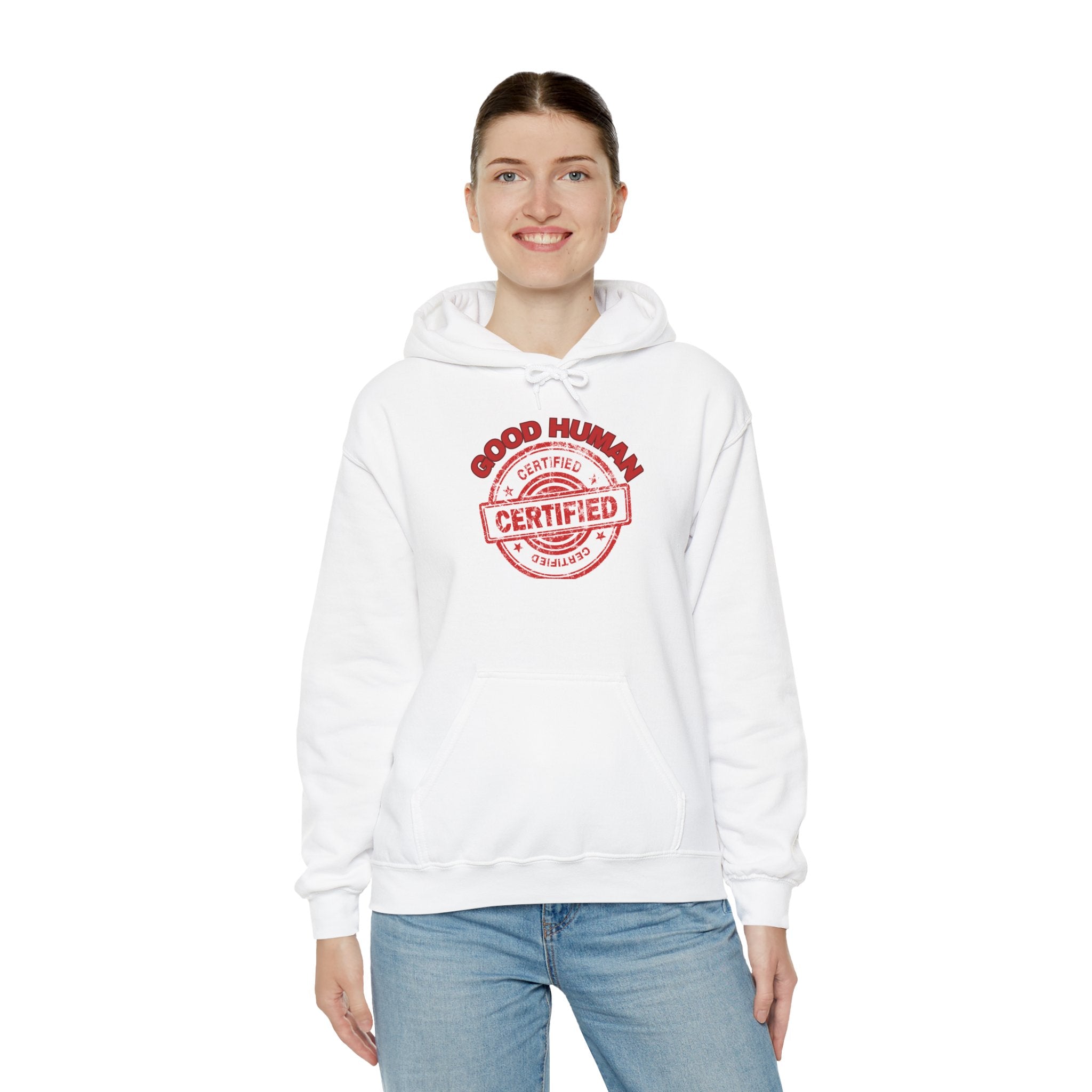 Certified 'Good Human' Hoodie – Funny Stamp Graphic Pullover