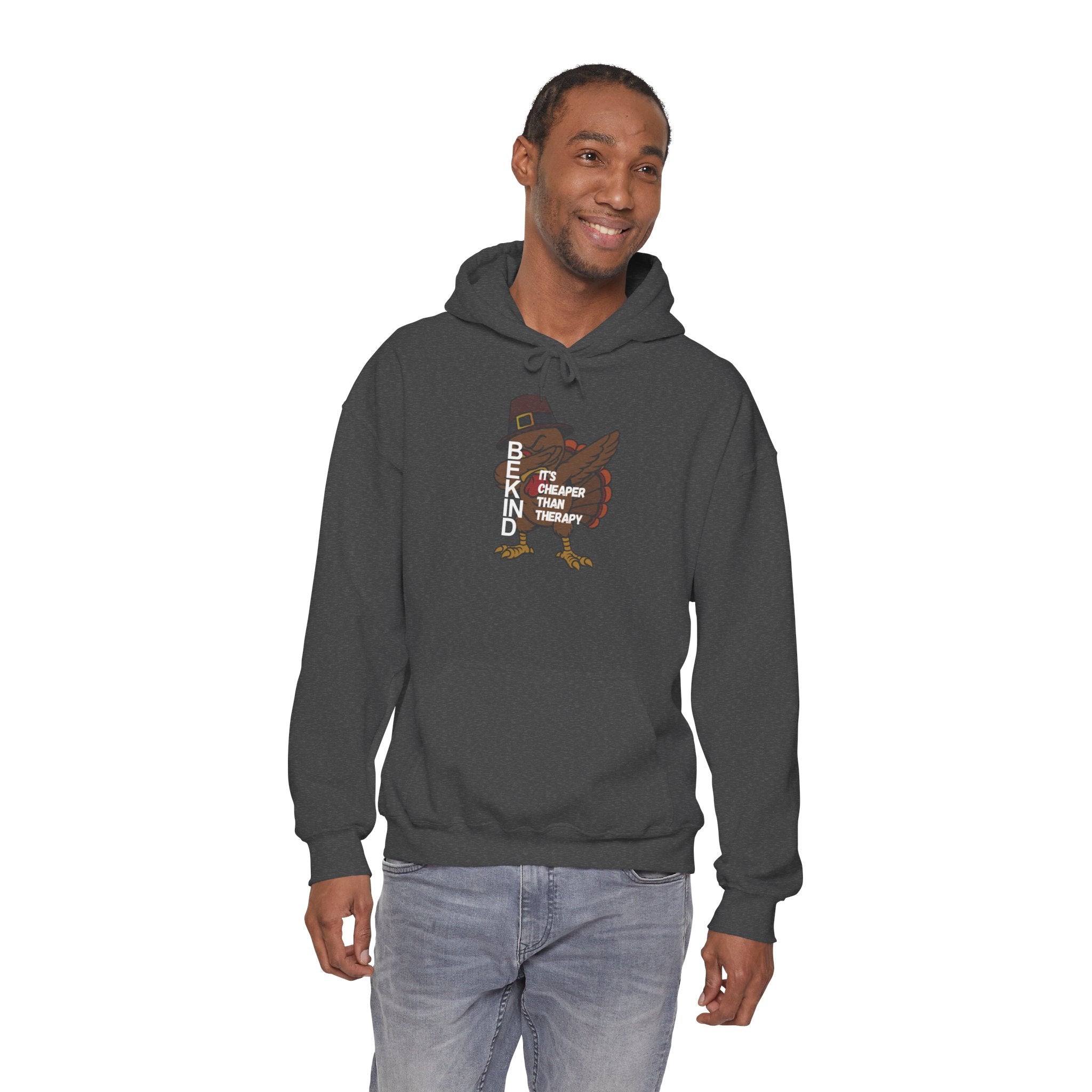Turkey Pilgrim Hoodie - "Be Kind, It's Cheap Therapy" Thanksgiving Sweatshirt
