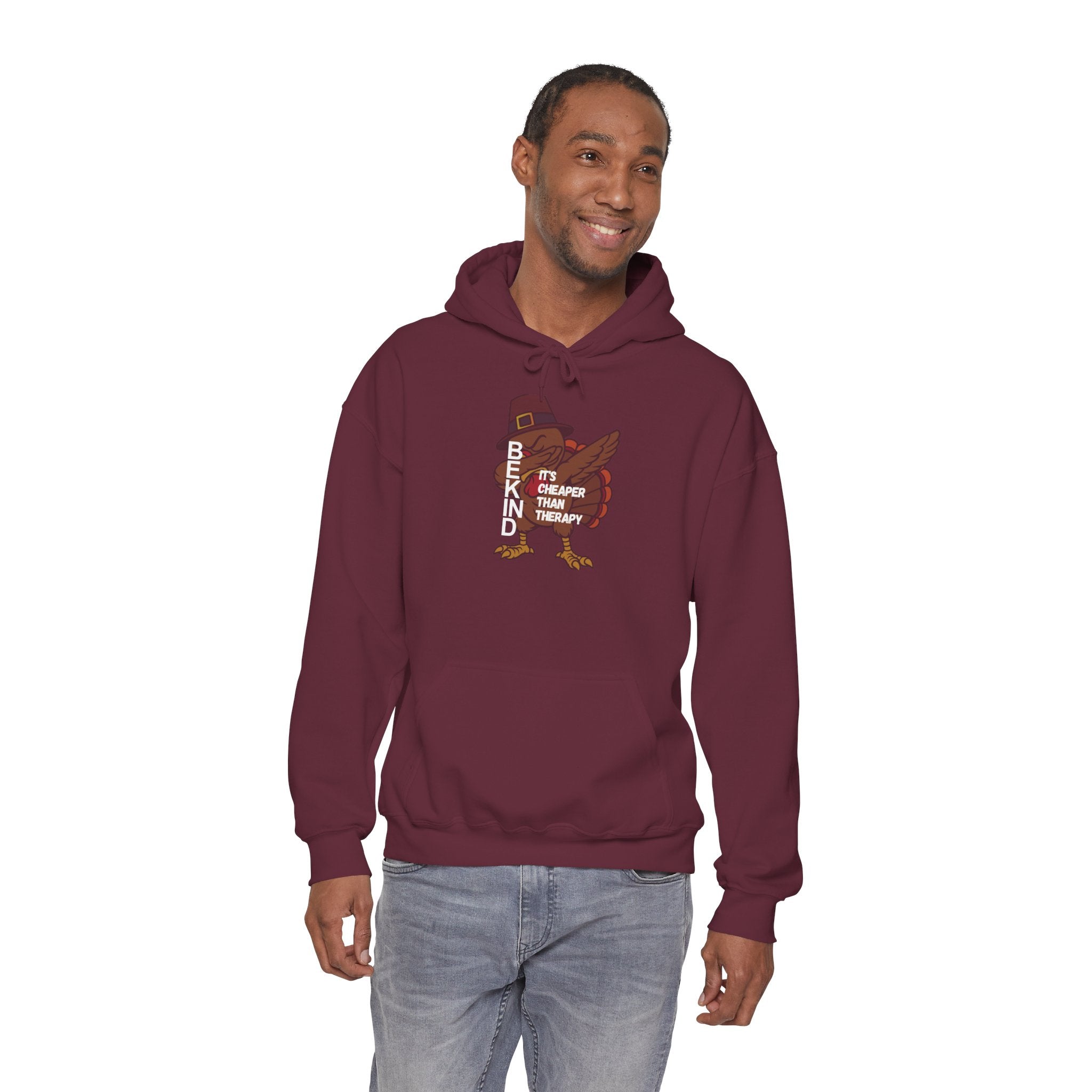 Turkey Pilgrim Hoodie - "Be Kind, It's Cheap Therapy" Thanksgiving Sweatshirt