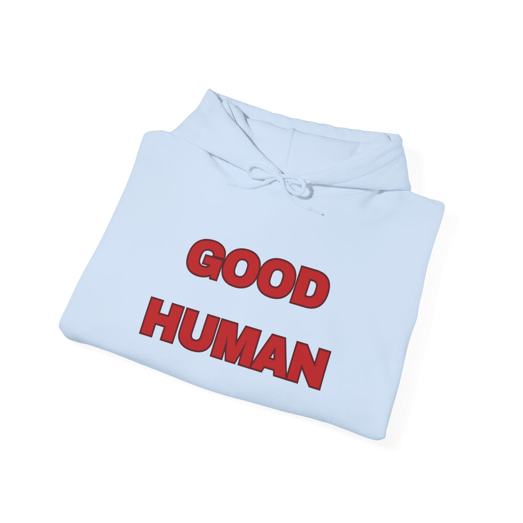 Good Human Hoodie — 'Good Human' Graphic Pullover with Certified Stamp Sleeve Design
