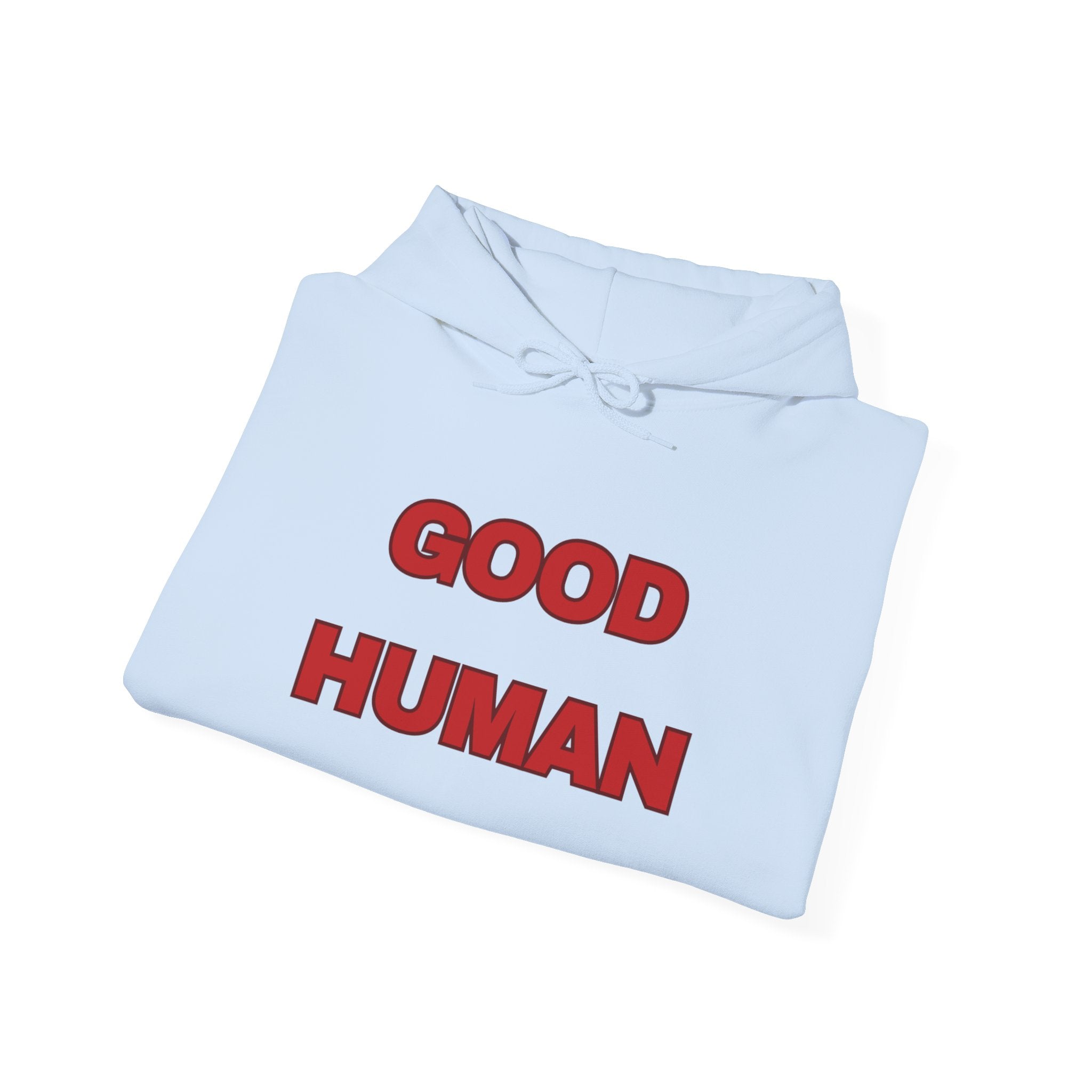 Good Human Hoodie — 'Good Human' Graphic Pullover with Certified Stamp Sleeve Design