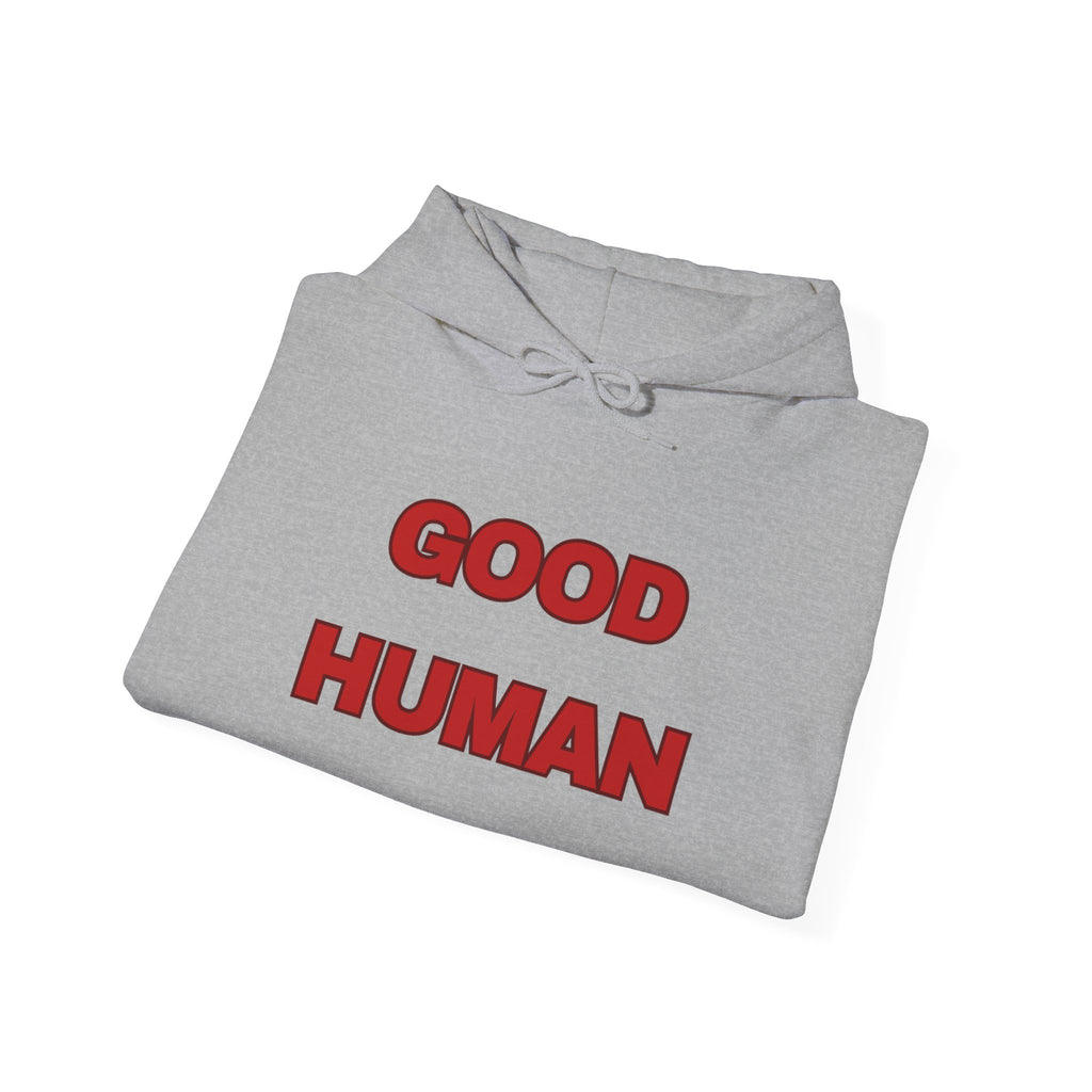 Good Human Hoodie — 'Good Human' Graphic Pullover with Certified Stamp Sleeve Design