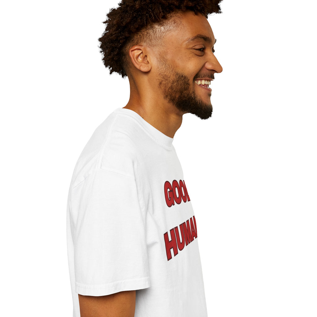 Good Human T-Shirt — Bold Red Graphic Tee (Front 'GOOD HUMAN', Back 'Certified' Stamp)