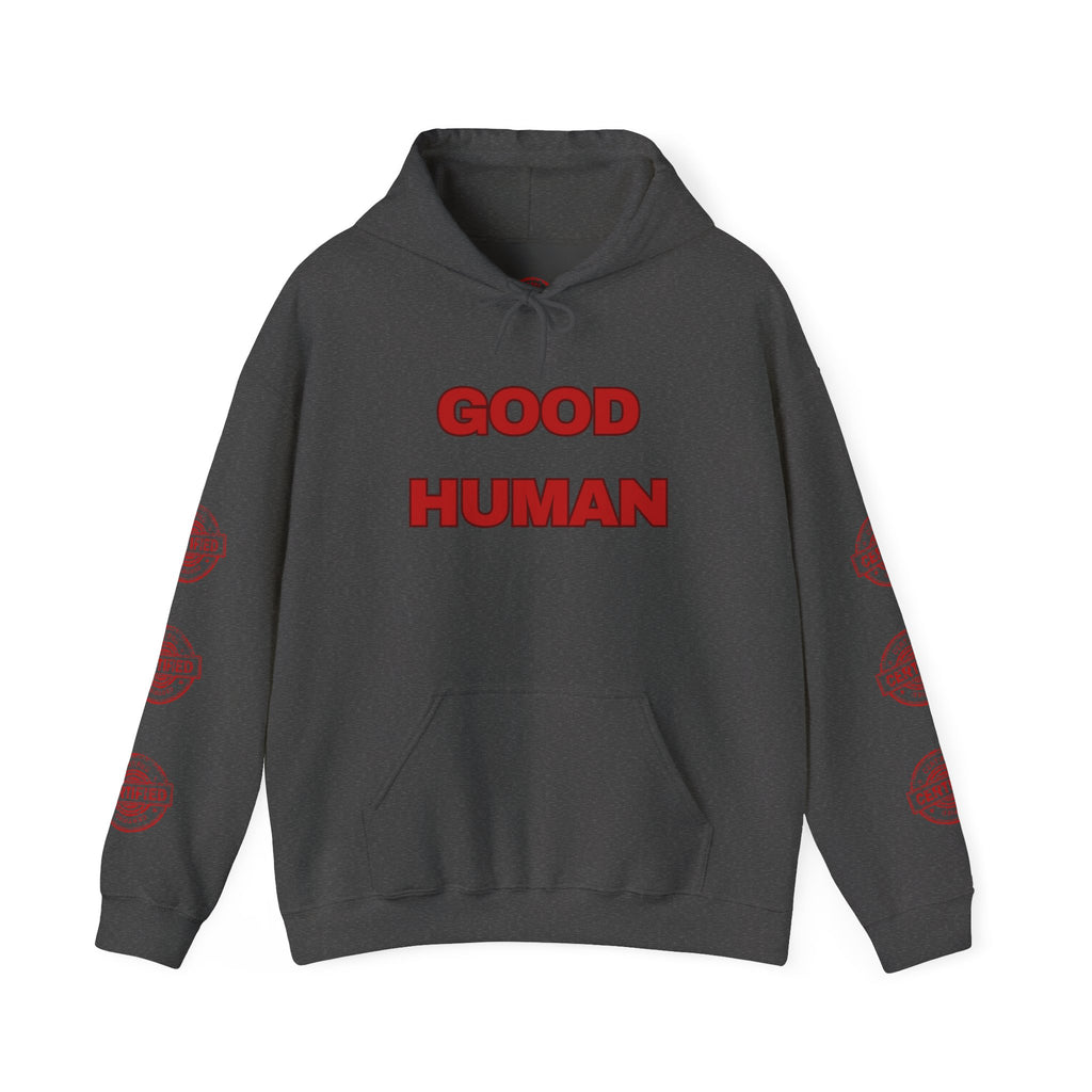 Good Human Hoodie — 'Good Human' Graphic Pullover with Certified Stamp Sleeve Design