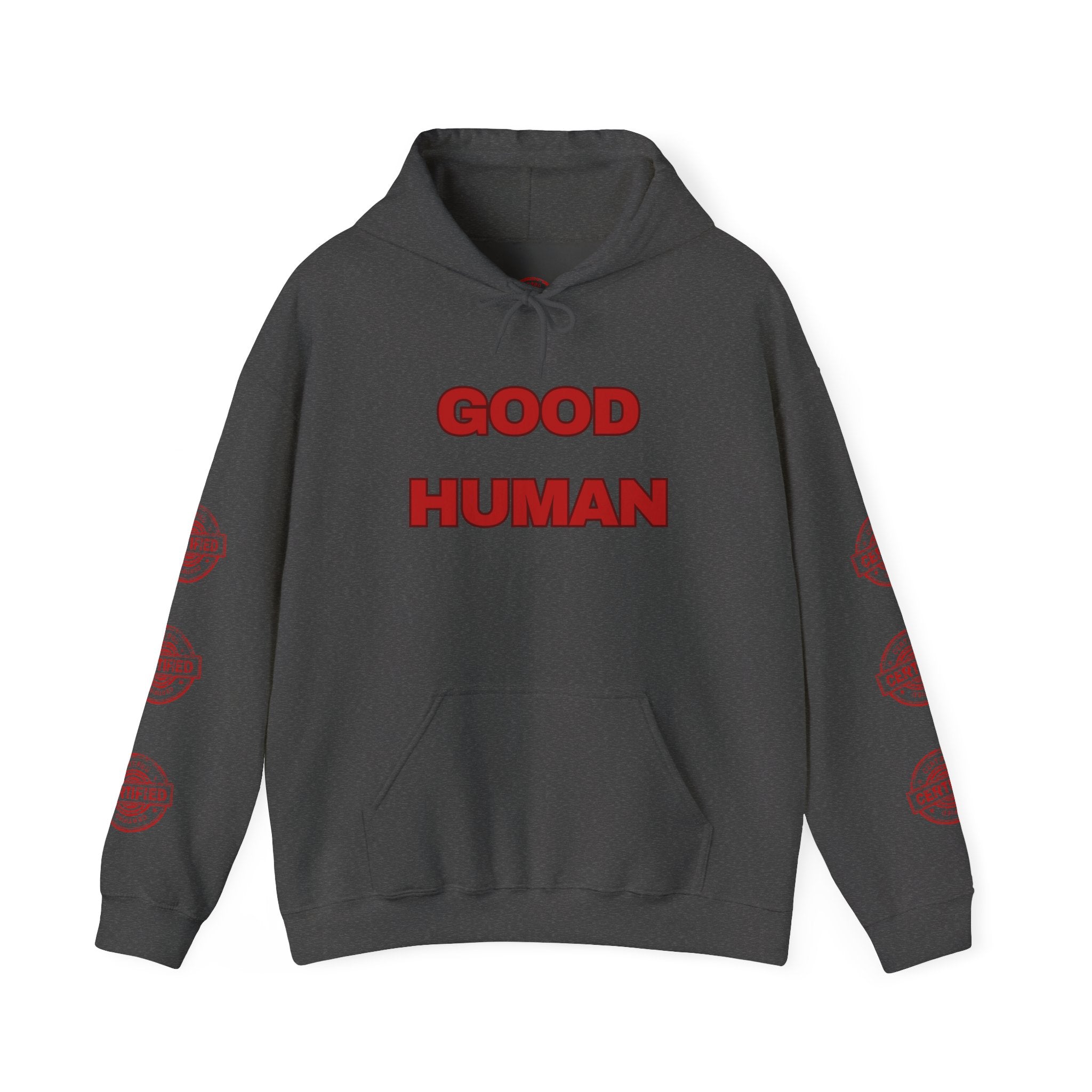Good Human Hoodie — 'Good Human' Graphic Pullover with Certified Stamp Sleeve Design