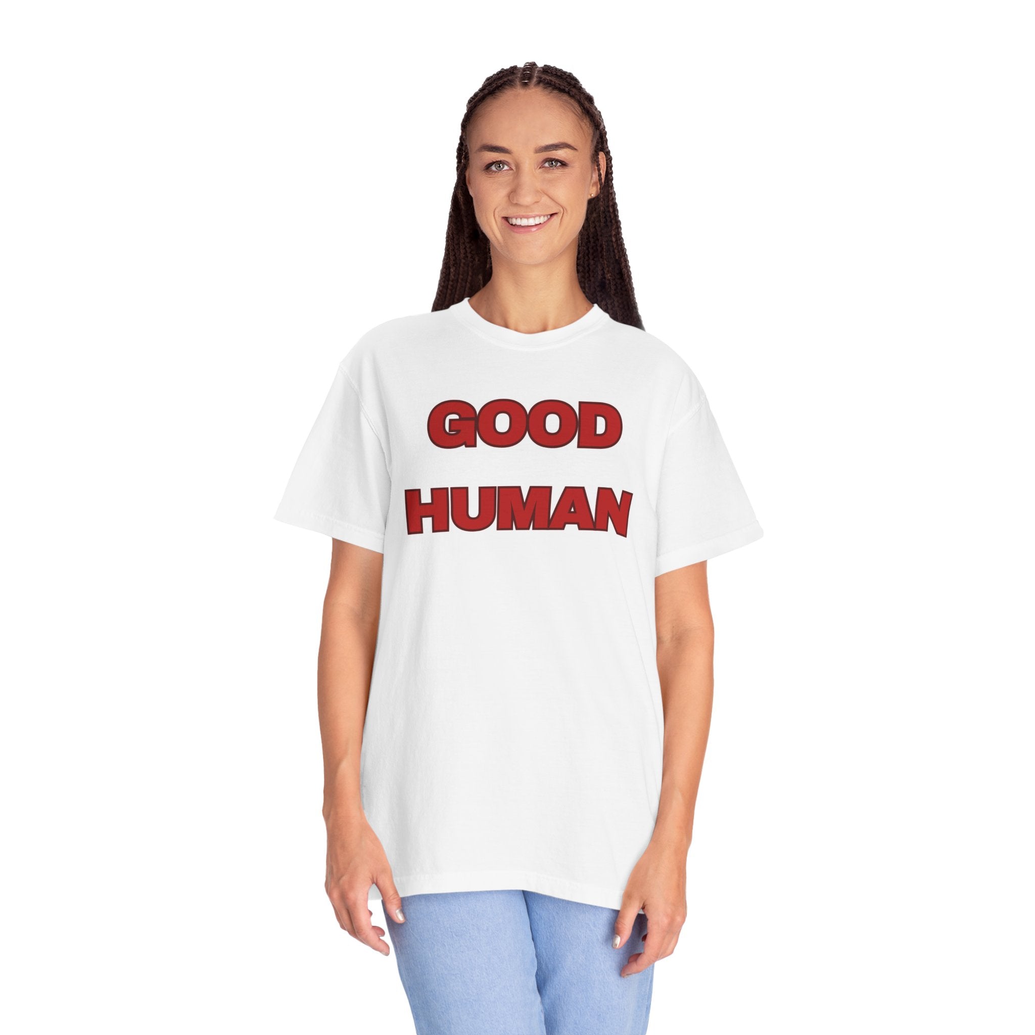 Good Human T-Shirt — Bold Red Graphic Tee (Front 'GOOD HUMAN', Back 'Certified' Stamp)