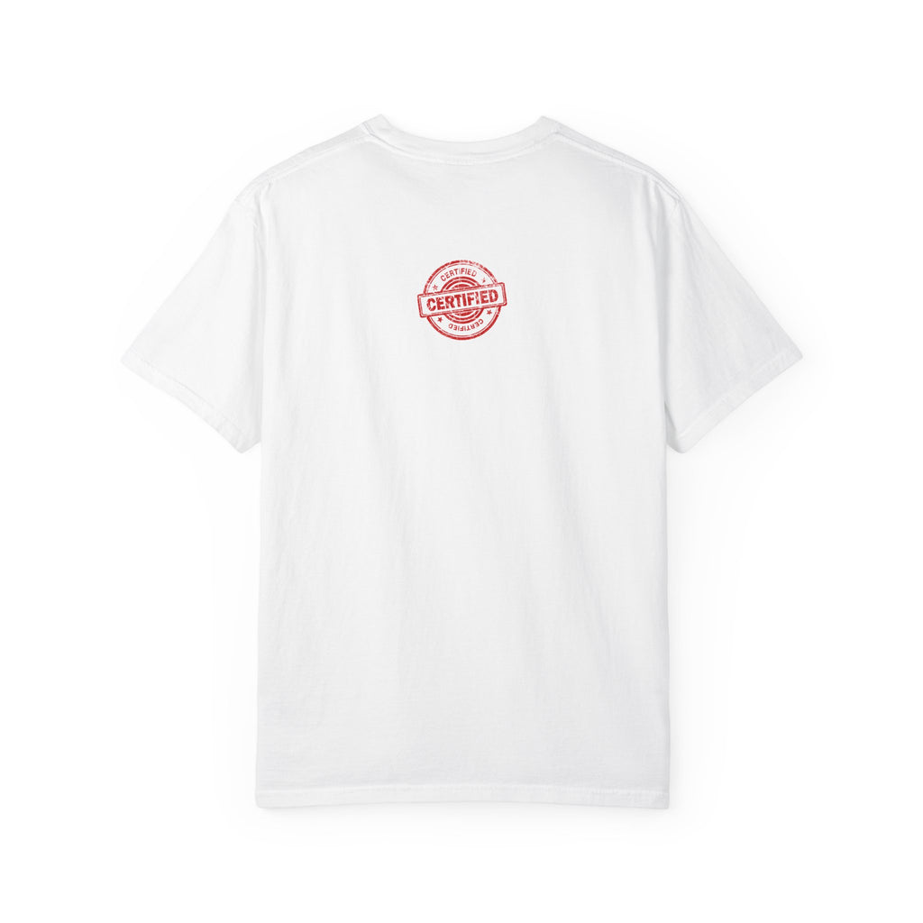 Good Human T-Shirt — Bold Red Graphic Tee (Front 'GOOD HUMAN', Back 'Certified' Stamp)