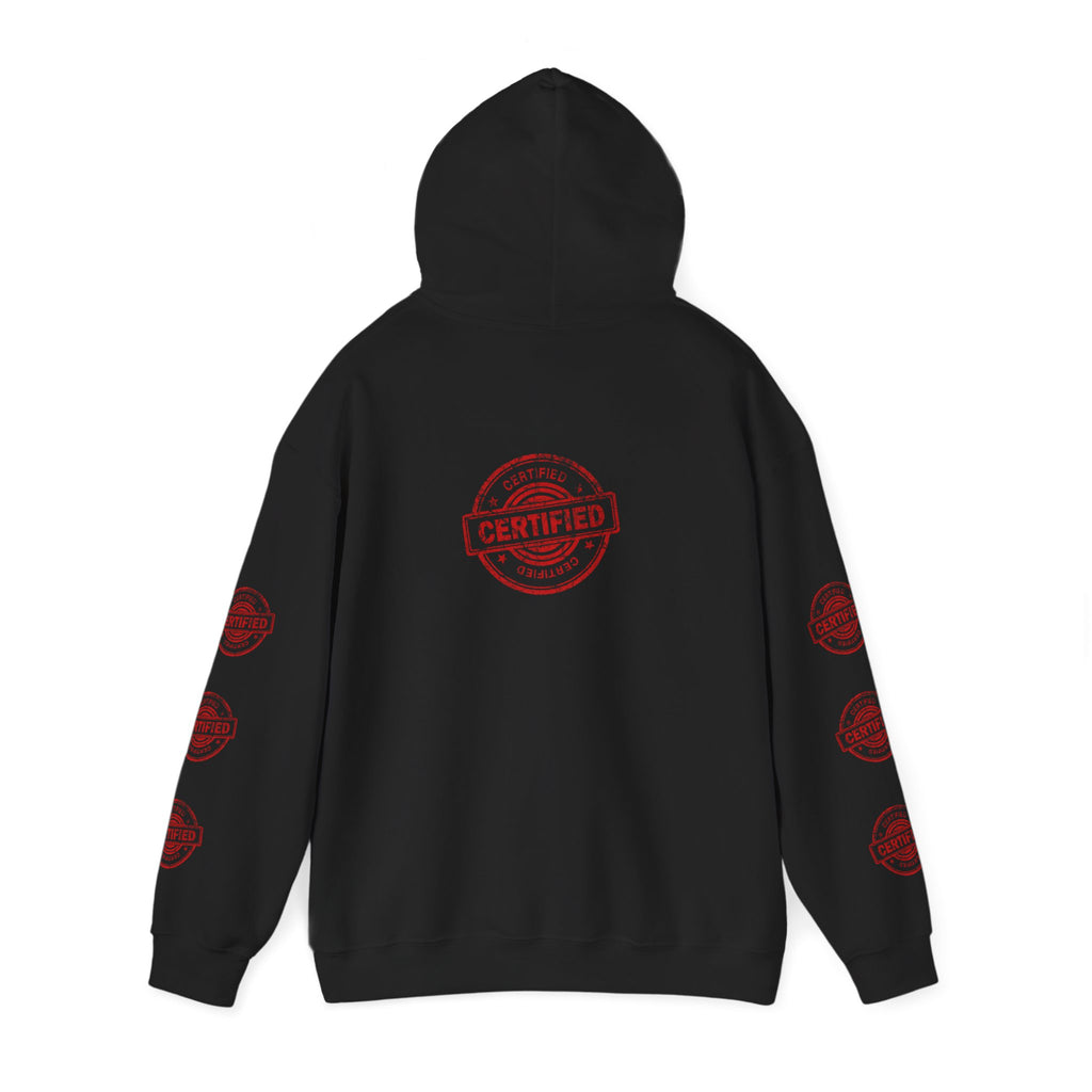 Good Human Hoodie — 'Good Human' Graphic Pullover with Certified Stamp Sleeve Design
