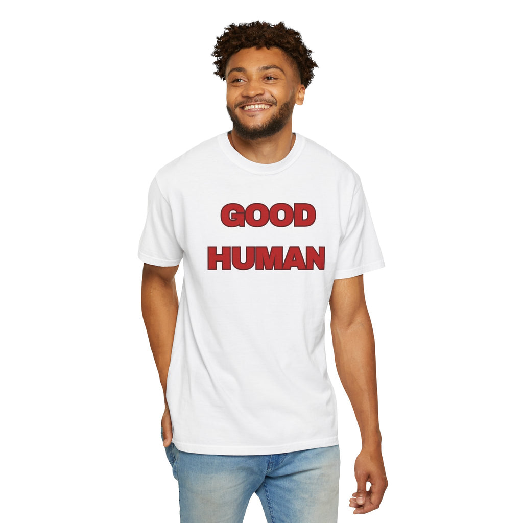 Good Human T-Shirt — Bold Red Graphic Tee (Front 'GOOD HUMAN', Back 'Certified' Stamp)