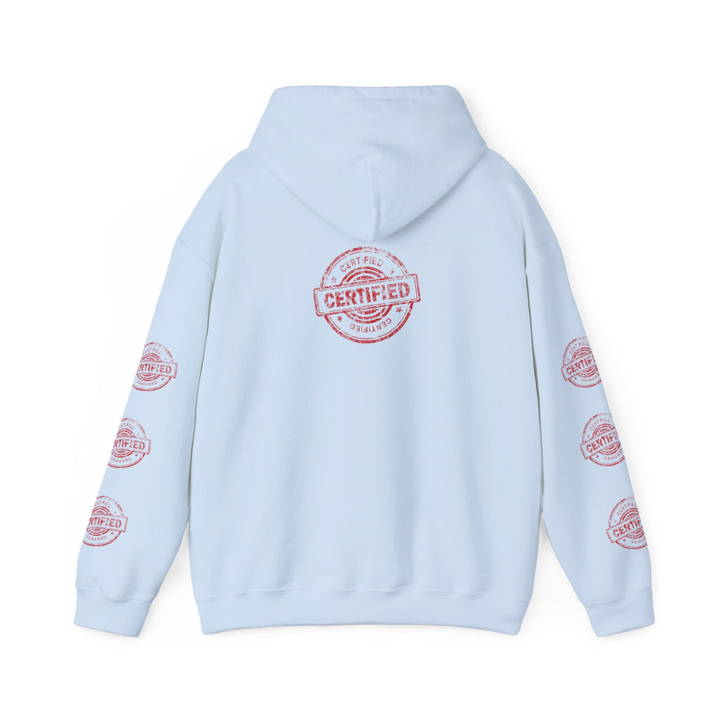 Good Human Hoodie — 'Good Human' Graphic Pullover with Certified Stamp Sleeve Design