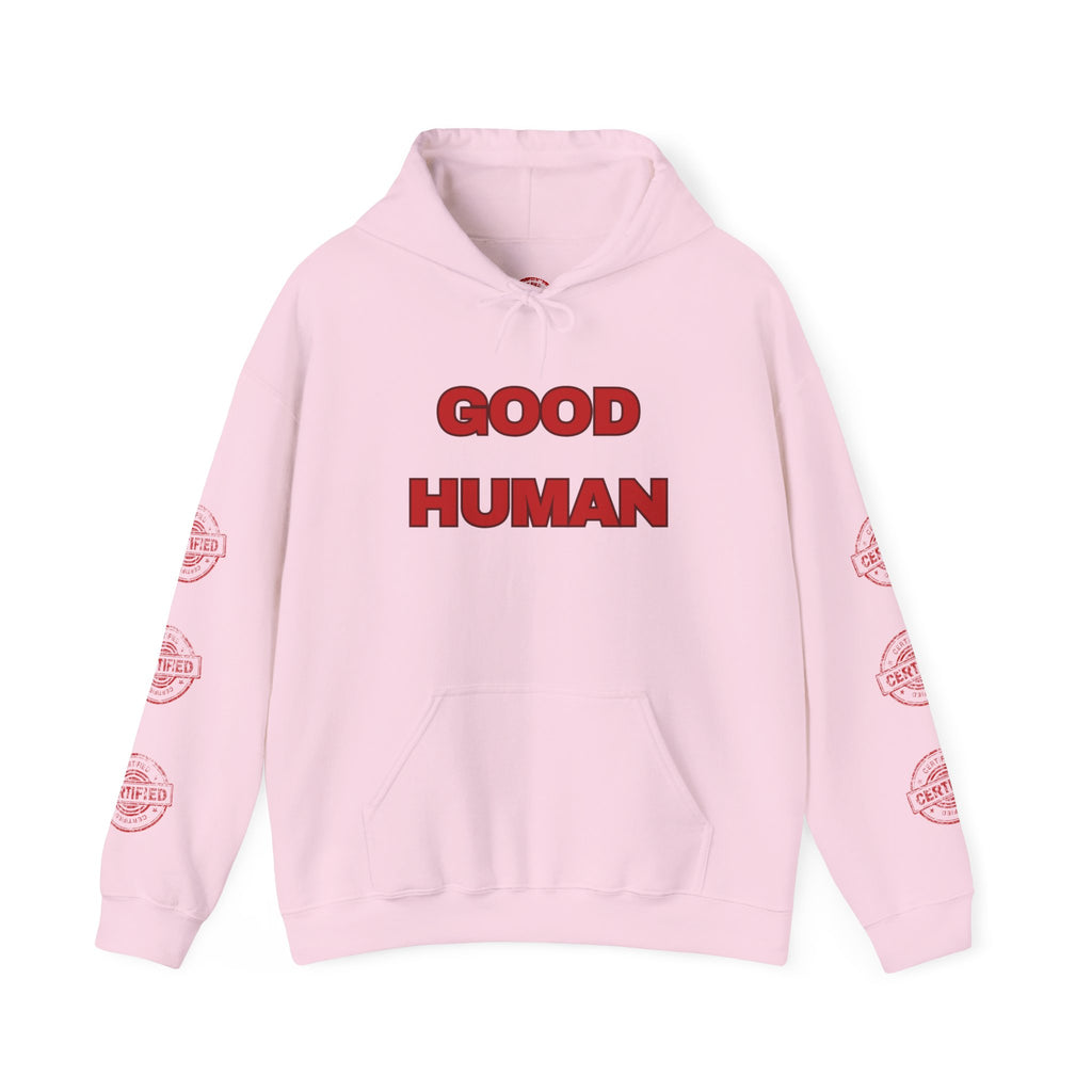 Good Human Hoodie — 'Good Human' Graphic Pullover with Certified Stamp Sleeve Design