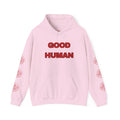 Good Human Hoodie — 'Good Human' Graphic Pullover with Certified Stamp Sleeve Design